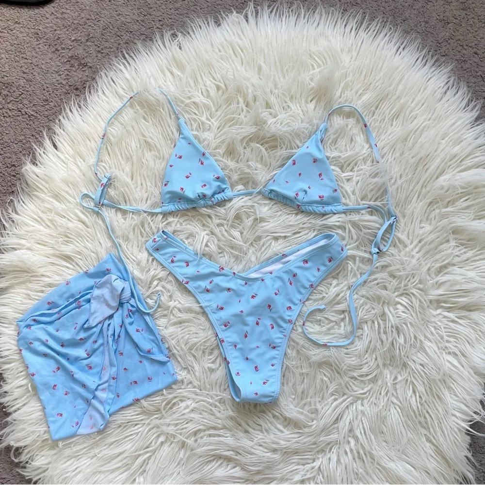 SOLY HUX 3 Piece Triangle Bikini Set with Mesh Cover Up Beach Skirt Blue Floral - Picture 9 of 11